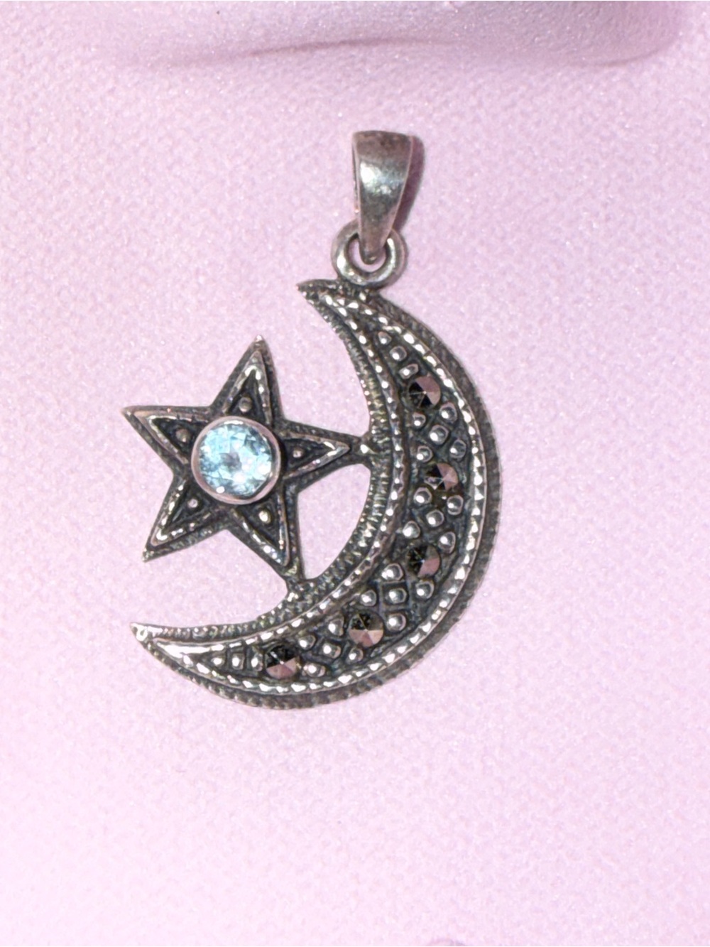 Vintage 925 Sterling Silver Moon & Star Pendant with Tanzanite & Morganite
